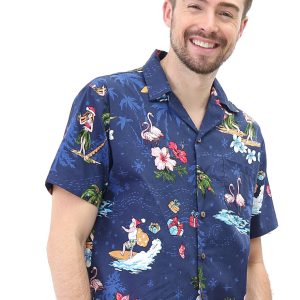 Men's Hawaiian Shirt - Polyester Christmas Santa Navy Aloha Print Shirt