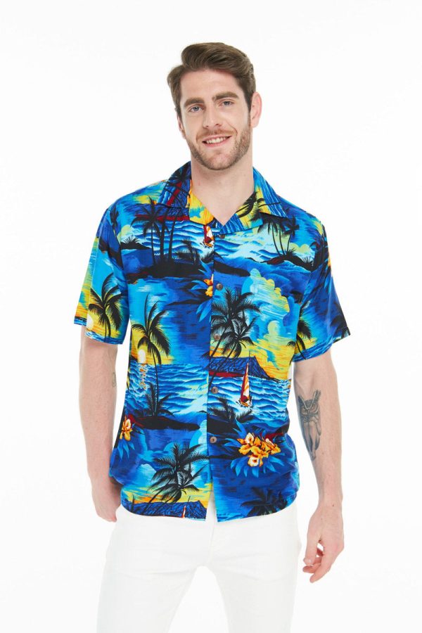 Men's Hawaiian Shirt - Polyester Sunset Blue Aloha Print Shirt