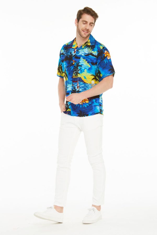 Men's Hawaiian Shirt - Polyester Sunset Blue Aloha Print Shirt - Image 3