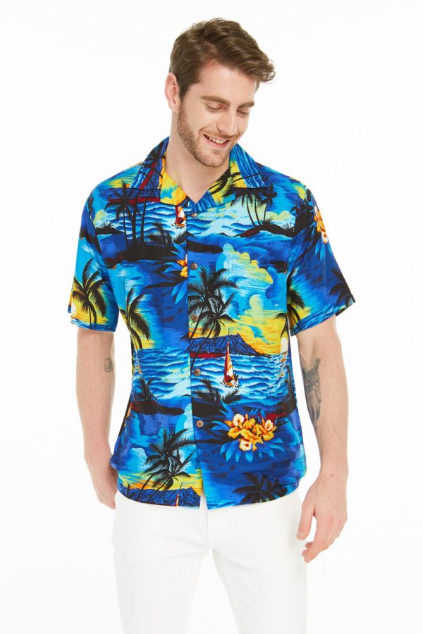 Men's Hawaiian Shirt - Polyester Sunset Blue Aloha Print Shirt - Image 5