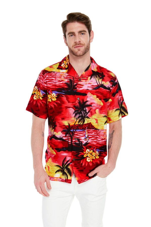 Men's Hawaiian Shirt - Polyester Sunset Red Aloha Print Shirt