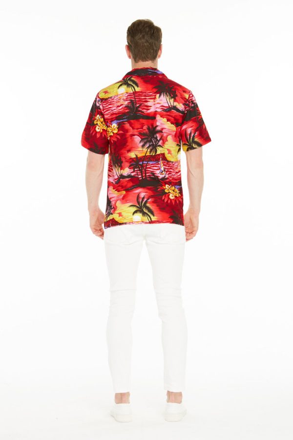 Men's Hawaiian Shirt - Polyester Sunset Red Aloha Print Shirt - Image 2