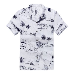 Men's Hawaiian Shirt - Polyester White Map Aloha Print Shirt