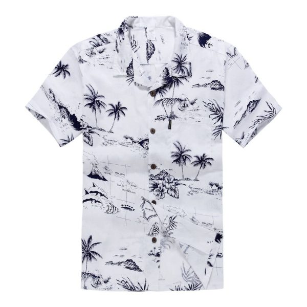 Men's Hawaiian Shirt - Polyester White Map Aloha Print Shirt