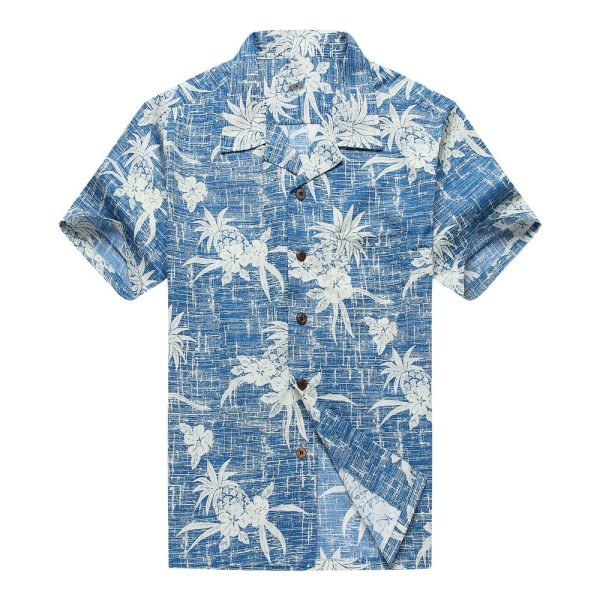 Men's Hawaiian Shirt - Polyester Pineapple Blue Aloha Print Shirt