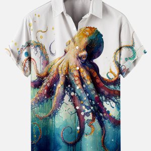 Men's Hawaiian Shirt - Eldritch Octopus Horror Print Polyester Dark Fantasy Summer Shirt