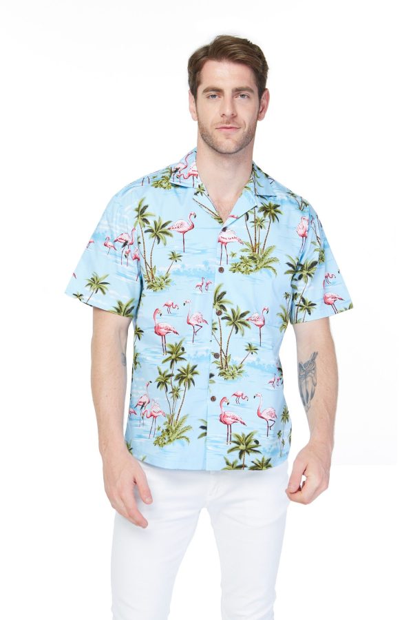 Men's Hawaiian Shirt - Polyester Flamingo All Over Blue Aloha Print Shirt, Made in Hawaii