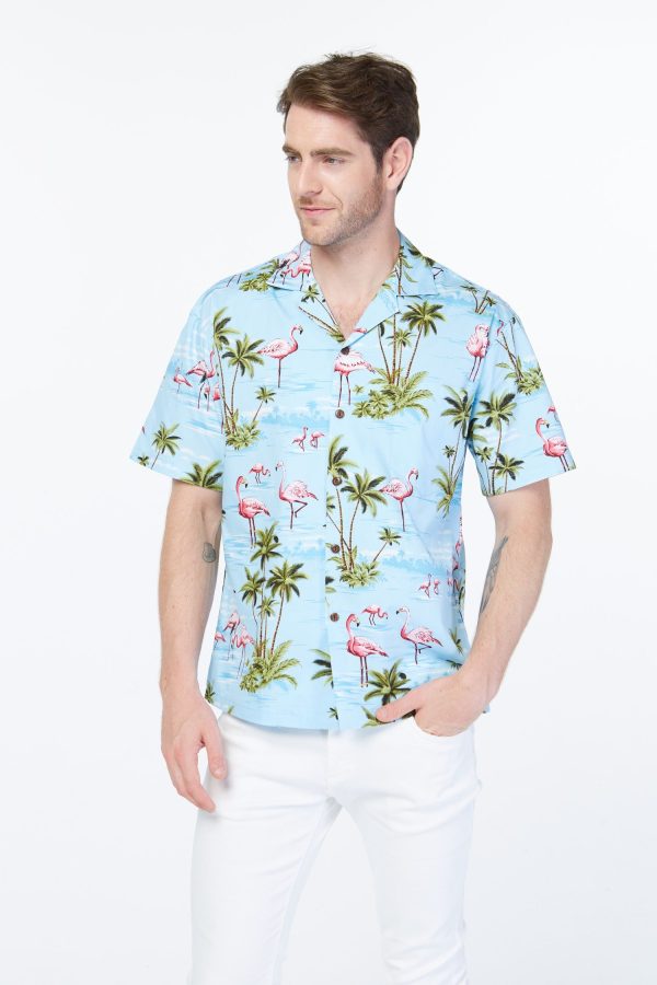 Men's Hawaiian Shirt - Polyester Flamingo All Over Blue Aloha Print Shirt, Made in Hawaii - Image 4