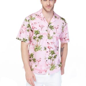 Men's Hawaiian Shirt - Polyester Flamingo All Over Pink Aloha Print Shirt