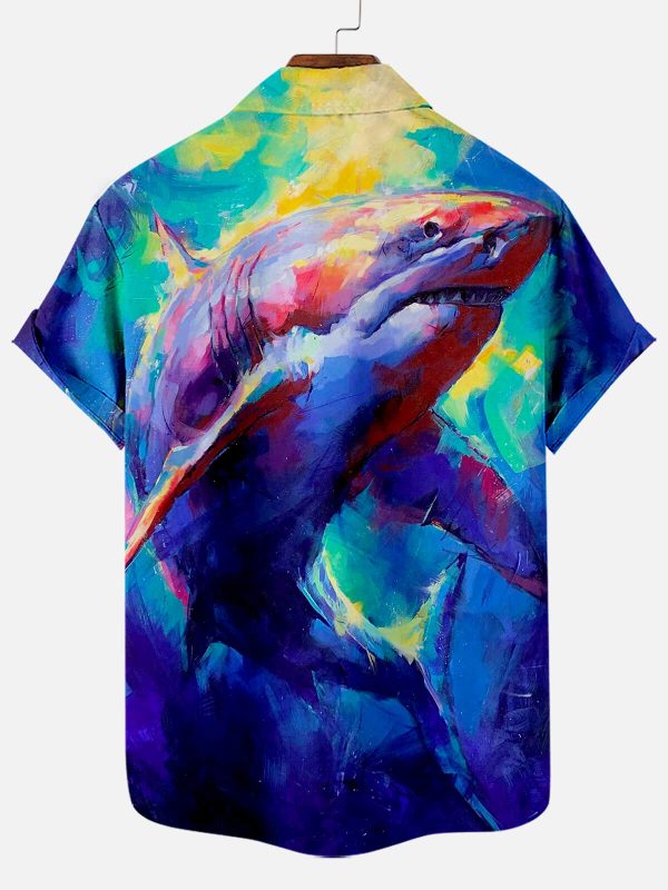 Men's Hawaiian Shirt - Shark Oil Painting Pattern Ocean-Inspired Polyester Summer Shirt - Image 2