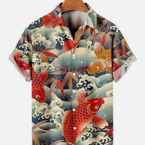 Men's Hawaiian Shirt - Vintage Koi Fish & Ocean Creatures Print Summer Shirt