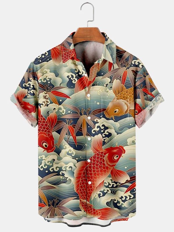 Men's Hawaiian Shirt - Vintage Koi Fish & Ocean Creatures Print Summer Shirt