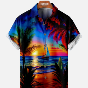 Men's Hawaiian Shirt - Vibrant Sunset Beach Ocean Sand Print Polyester Casual Summer Shirt