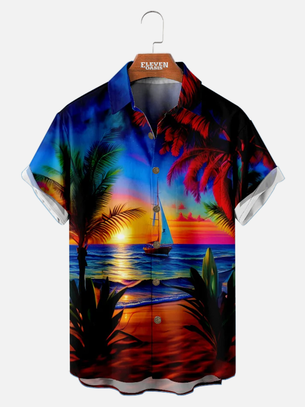 Men's Hawaiian Shirt - Vibrant Sunset Beach Ocean Sand Print Polyester Casual Summer Shirt