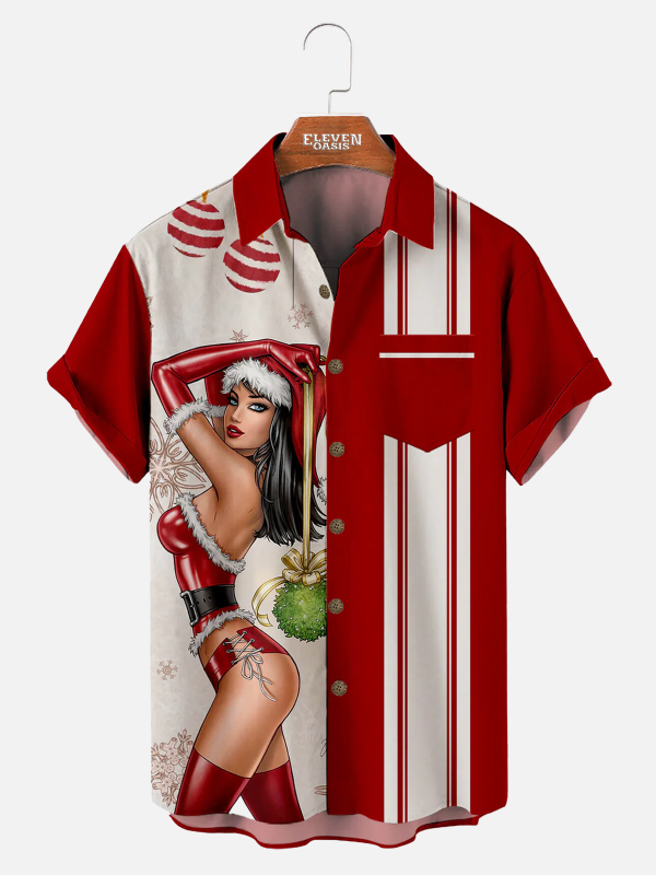 Men's Hawaiian Shirt - Funny Christmas Beauty Stripe Print Holiday Party Shirt