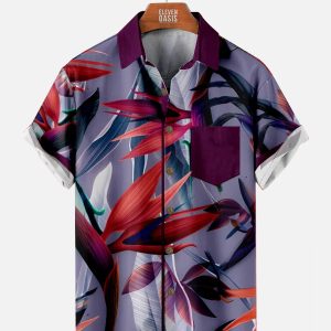 Men's Hawaiian Shirt - Birds of Paradise Flower Print Purple Polyester Summer Shirt