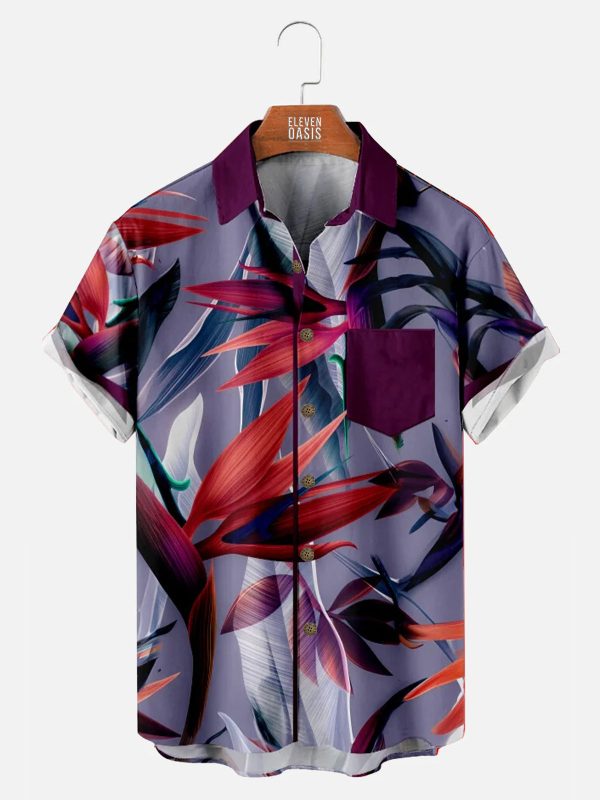 Men's Hawaiian Shirt - Birds of Paradise Flower Print Purple Polyester Summer Shirt