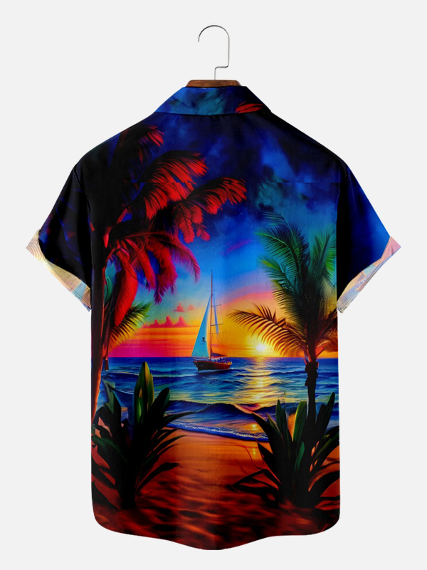 Men's Hawaiian Shirt - Vibrant Sunset Beach Ocean Sand Print Polyester Casual Summer Shirt - Image 2