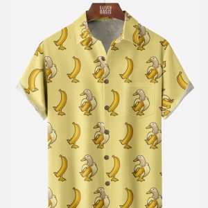 Men's Hawaiian Shirt - Cartoon Duck and Banana Print Polyester Casual Summer Shirt
