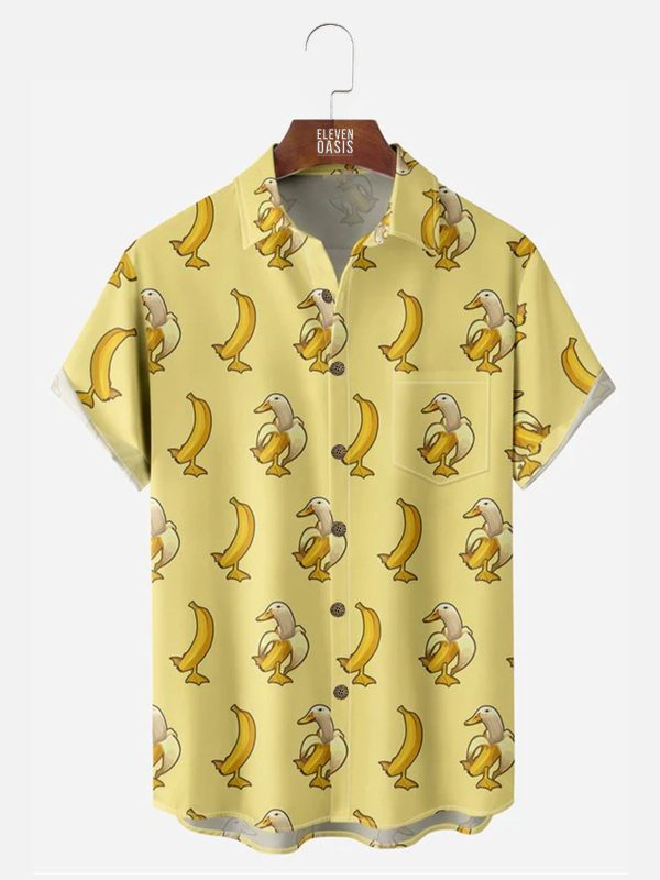 Men's Hawaiian Shirt - Cartoon Duck and Banana Print Polyester Casual Summer Shirt