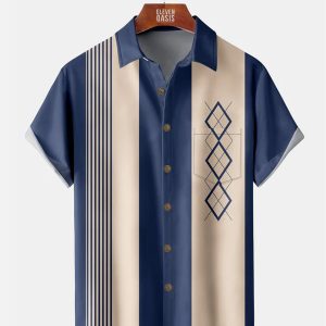 Men's Hawaiian Shirt - Geometric Stripes & Color Block Art Print Summer Shirt