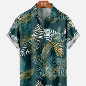 Men's Hawaiian Shirt - Golden Green Tropical Foliage Leaf Print Polyester Casual Summer Shirt