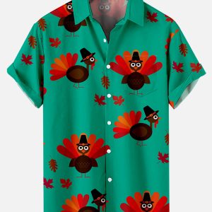 Men's Hawaiian Shirt - Thanksgiving Turkey Print Polyester Casual Holiday Shirt