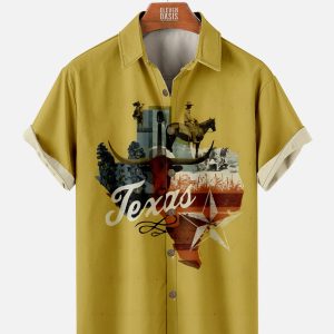 Men's Hawaiian Shirt - Texas Cowboy Western Print Polyester Casual Summer Shirt