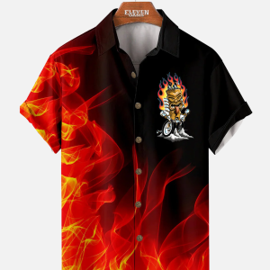 Men's Hawaiian Shirt - Car Flame Print Contrast Color Street Style Shirt