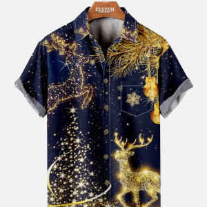 Men's Hawaiian Shirt - Sparkly Christmas Reindeer & Lights Holiday Shirt