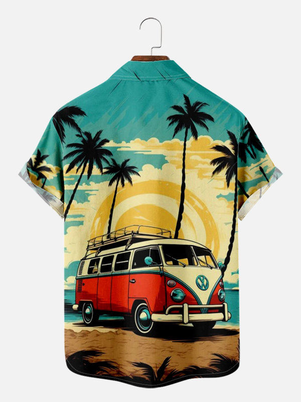 Men's Hawaiian Shirt - Retro VW Minibus and Parrot Palm Trees Beach Print Polyester Summer Shirt - Image 2