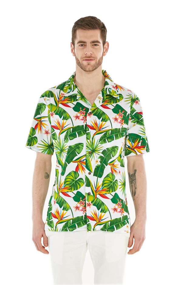 Men's Hawaiian Shirt - Polyester Bird of Paradise White Aloha Print Shirt