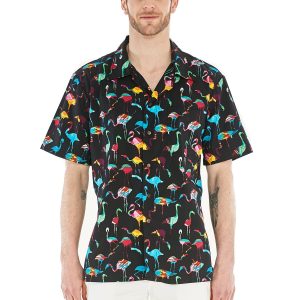 Men's Hawaiian Shirt - Polyester Flamingo Party Black Aloha Print Shirt