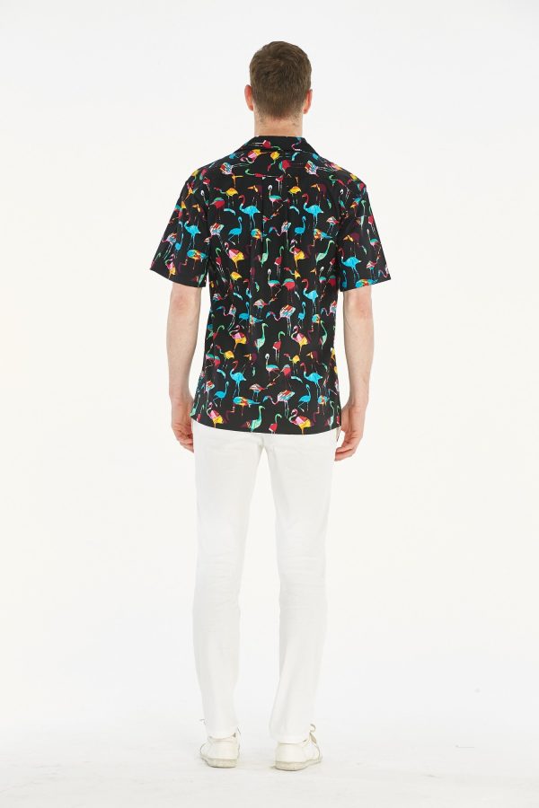 Men's Hawaiian Shirt - Polyester Flamingo Party Black Aloha Print Shirt - Image 2