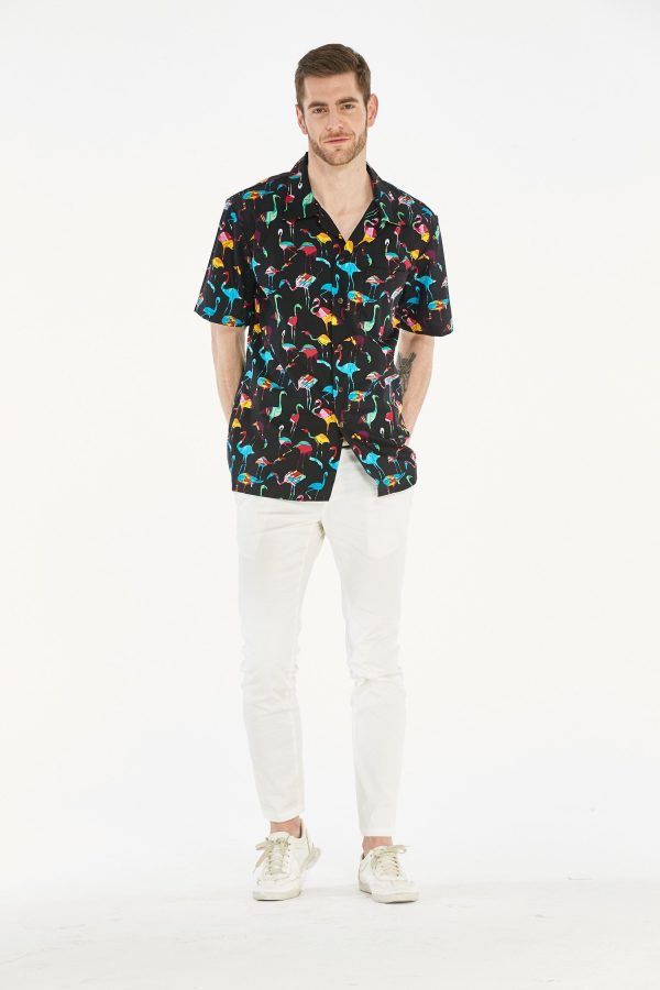 Men's Hawaiian Shirt - Polyester Flamingo Party Black Aloha Print Shirt - Image 3