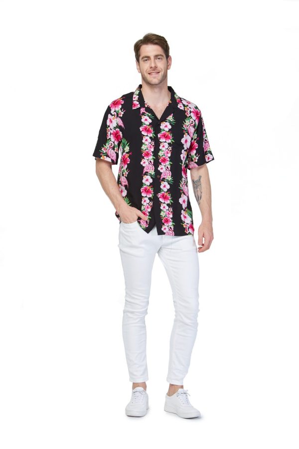 Men's Hawaiian Shirt - Polyester Pink Black Hibiscus Vine Aloha Print Shirt - Image 3