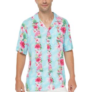 Men's Hawaiian Shirt - Polyester Pink Hibiscus Vine Turquoise Aloha Print Shirt