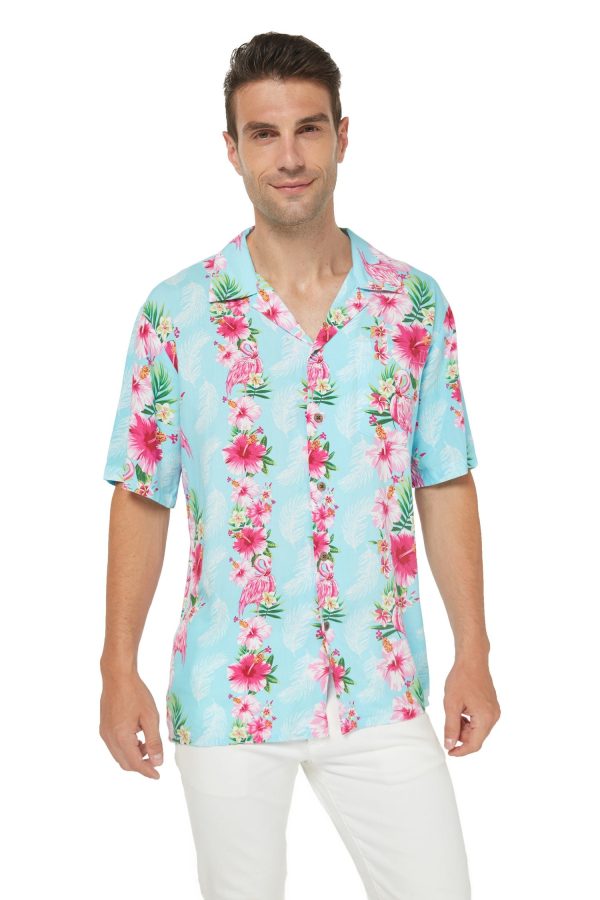 Men's Hawaiian Shirt - Polyester Pink Hibiscus Vine Turquoise Aloha Print Shirt