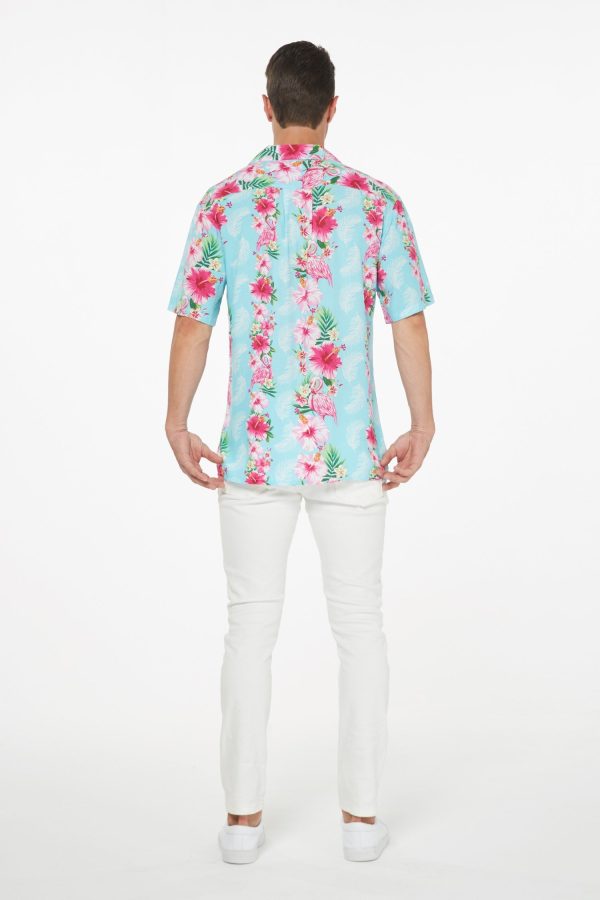 Men's Hawaiian Shirt - Polyester Pink Hibiscus Vine Turquoise Aloha Print Shirt - Image 2