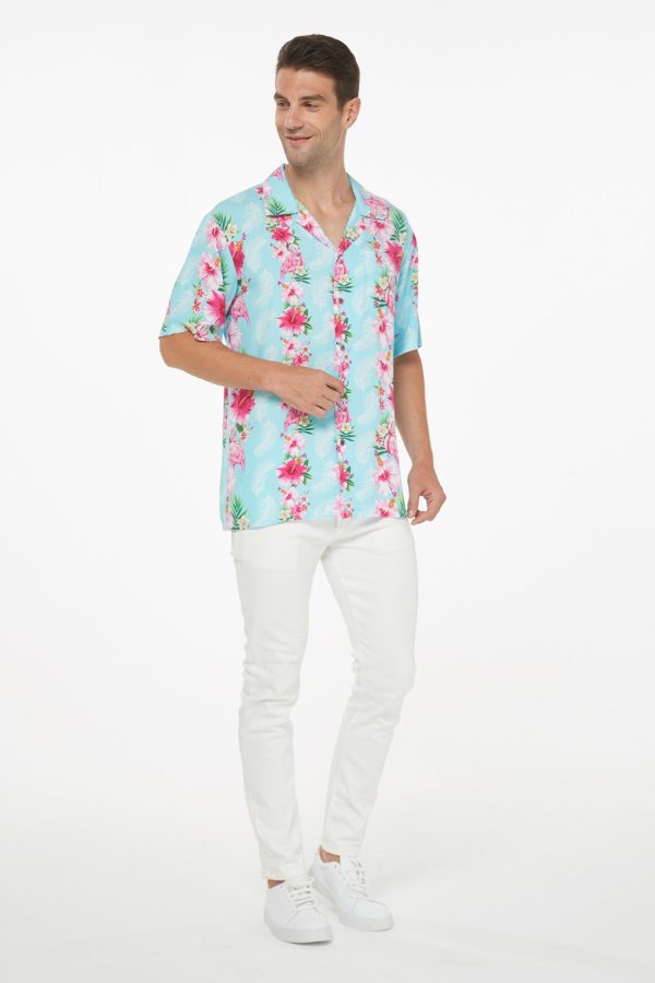 Men's Hawaiian Shirt - Polyester Pink Hibiscus Vine Turquoise Aloha Print Shirt - Image 3