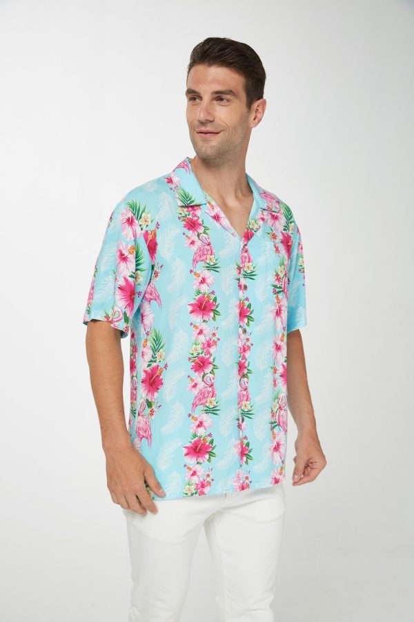 Men's Hawaiian Shirt - Polyester Pink Hibiscus Vine Turquoise Aloha Print Shirt - Image 4