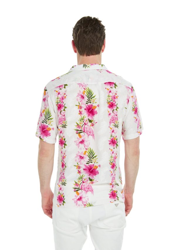 Men's Hawaiian Shirt - Polyester Pink Hibiscus Vine White Aloha Print Shirt - Image 2