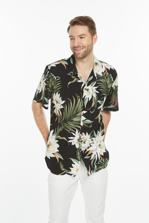 Men's Hawaiian Shirt - Polyester Wispy Cereus Black Aloha Print Shirt - Image 5