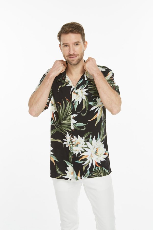 Men's Hawaiian Shirt - Polyester Wispy Cereus Black Aloha Print Shirt - Image 6