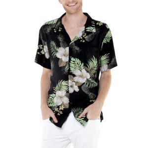 Men's Hawaiian Shirt - Polyester Pineapple Garden Black Aloha Print Shirt