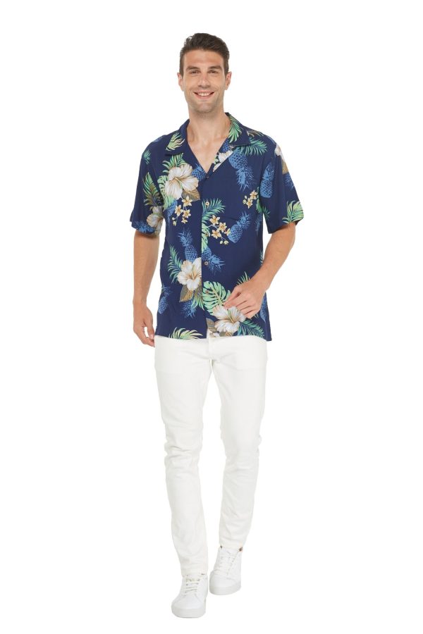 Men's Hawaiian Shirt - Polyester Pineapple Garden Navy Aloha Print Shirt - Image 4