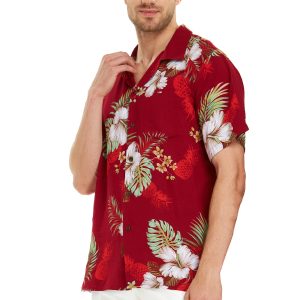 Men's Hawaiian Shirt - Polyester Pineapple Garden Red Aloha Print Shirt