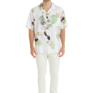 Men's Hawaiian Shirt - Polyester Pineapple Garden White Aloha Print Shirt