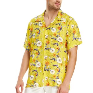 Men's Hawaiian Shirt - Polyester Garden Poppy Yellow Aloha Print Shirt