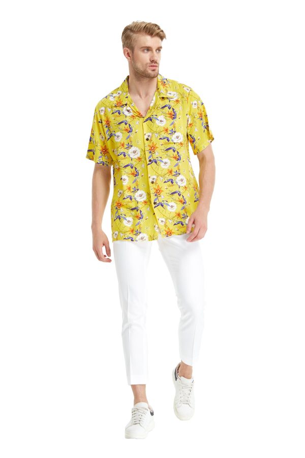 Men's Hawaiian Shirt - Polyester Garden Poppy Yellow Aloha Print Shirt - Image 3
